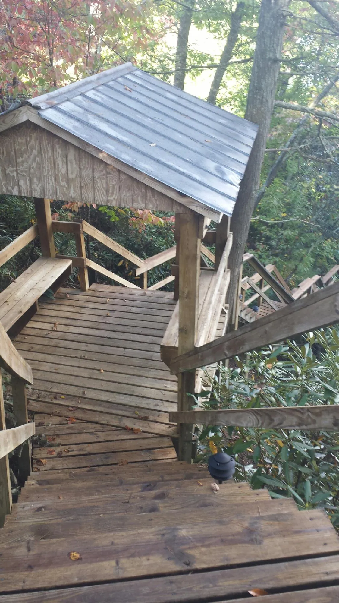 Metal roofed shelter over wooden steps on a wooded walkway — Skylight Repair & Installation work by our crew in Marine City